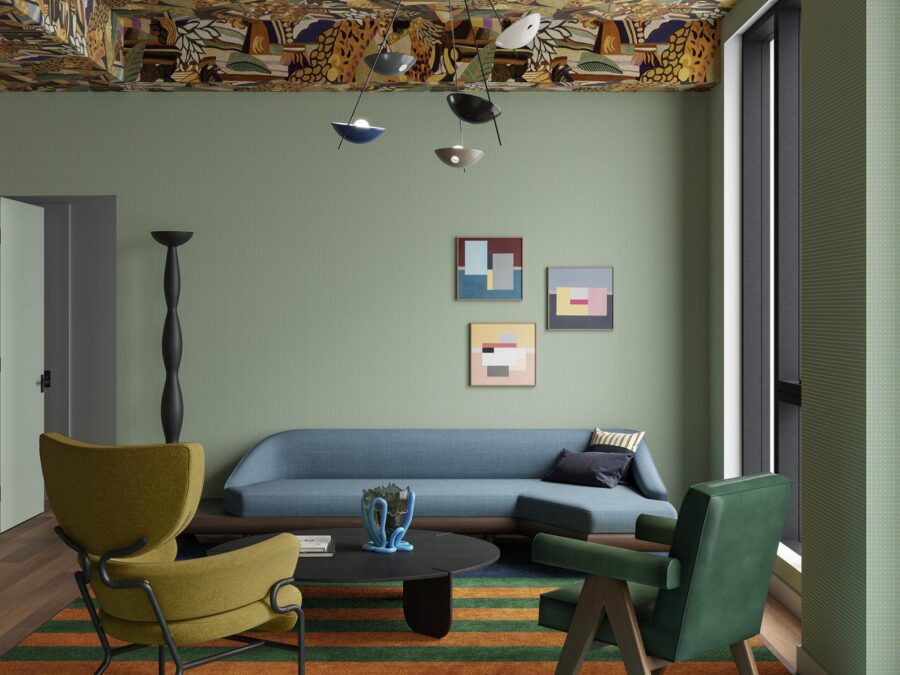 Arte Botanisch behang op het plafond in de woonkamer