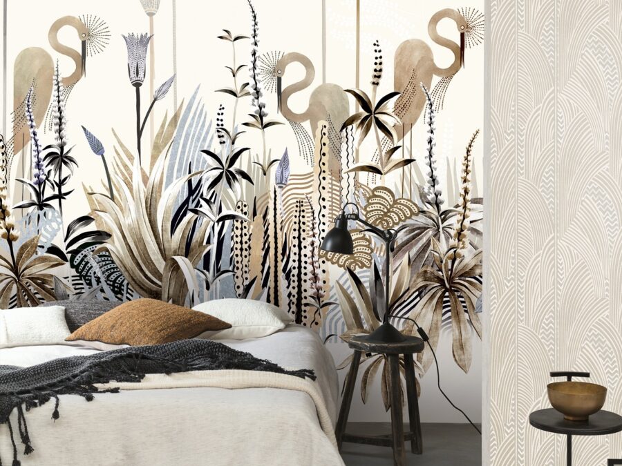 Slaapkamer met artistiek behang en natuurlijke materialen zoals linnen