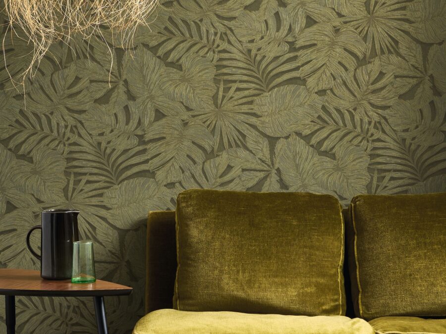 Botanisch behang voor in de woonkamer van het merk Casadeco