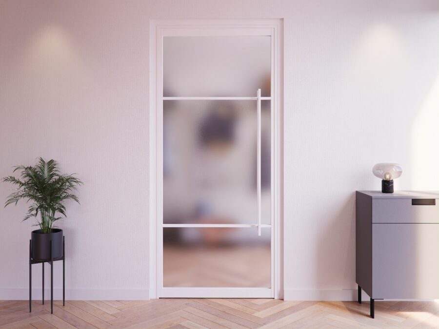 Witte stalen binnendeur in de woonkamer creëert direct een moderne look