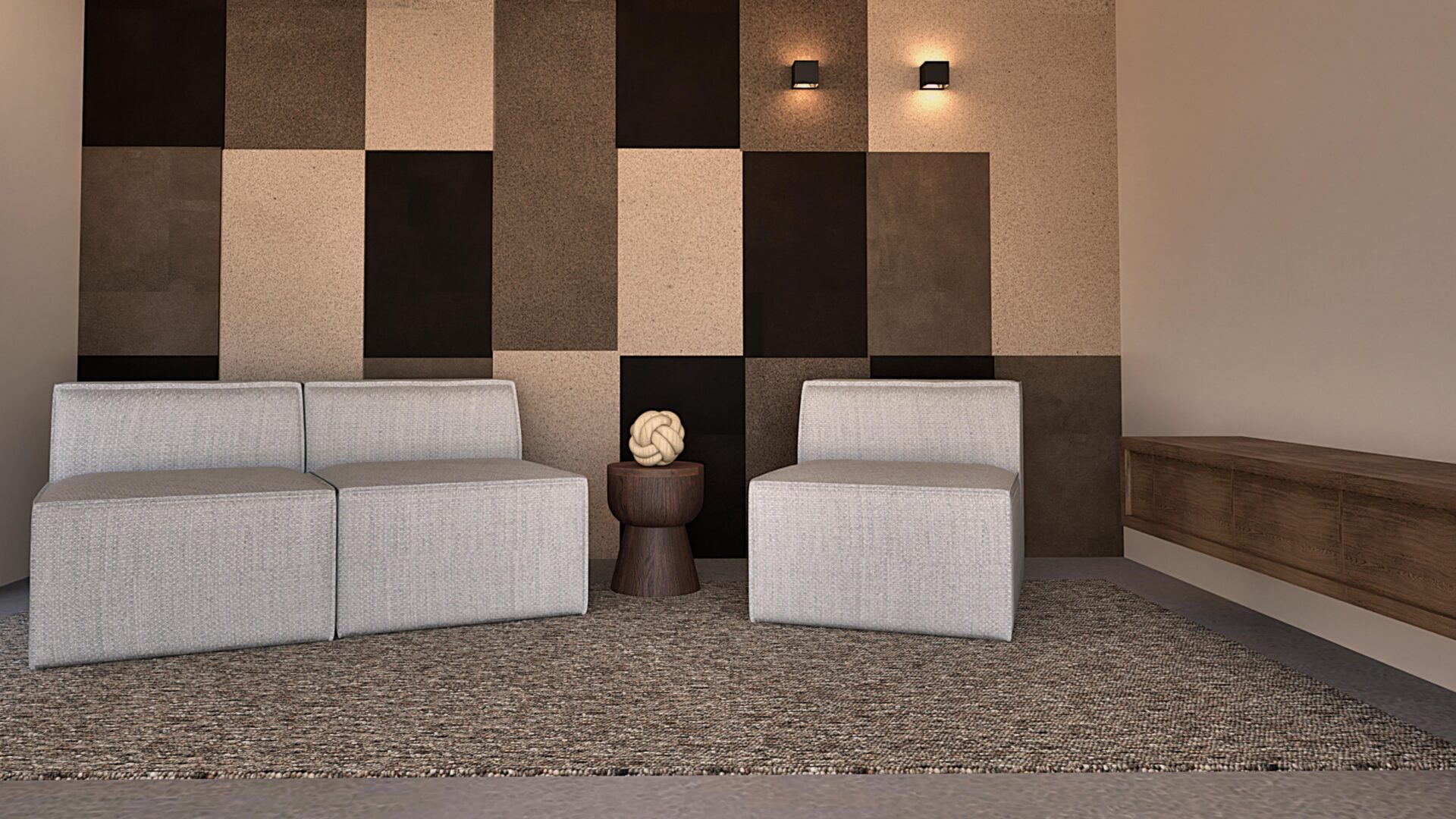 Woonkamer met leren wandbekleding van Belledo in bruin en beige tinten met grijze 2 zits en fauteuil.