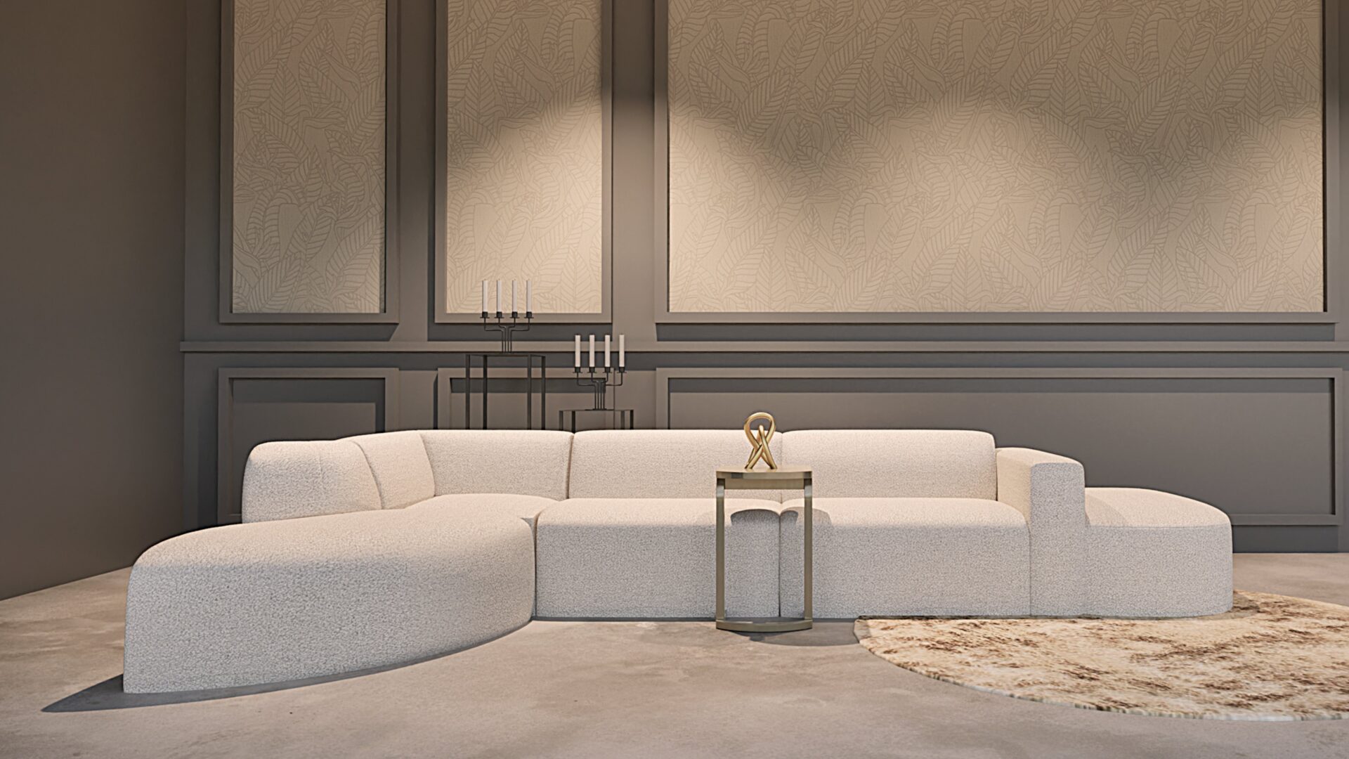 Woonkamer met Arte behang en Quartz-R in grijze tinten met grijze hoekbank