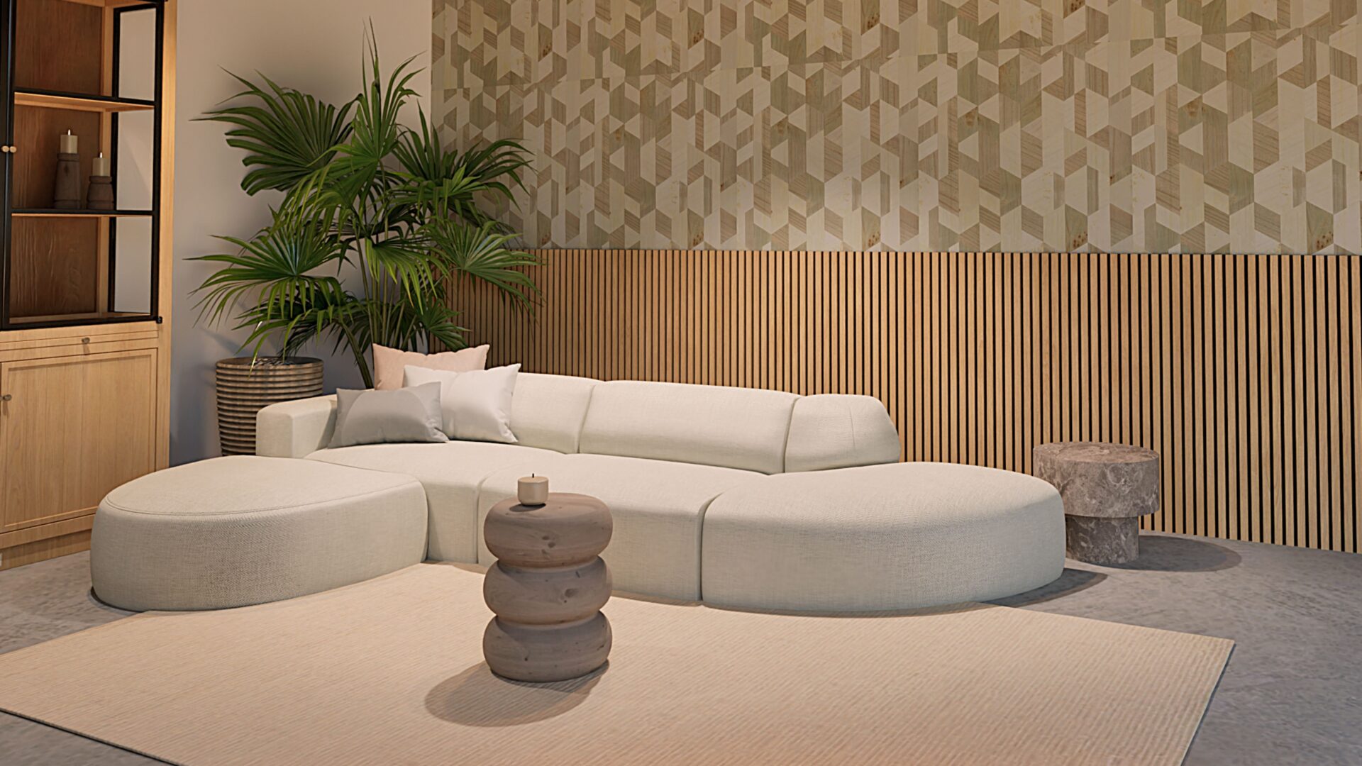 Woonkamer met Arte behang en lichten eiken wandpanelen en grijze hoekbank met beige vloerkleed