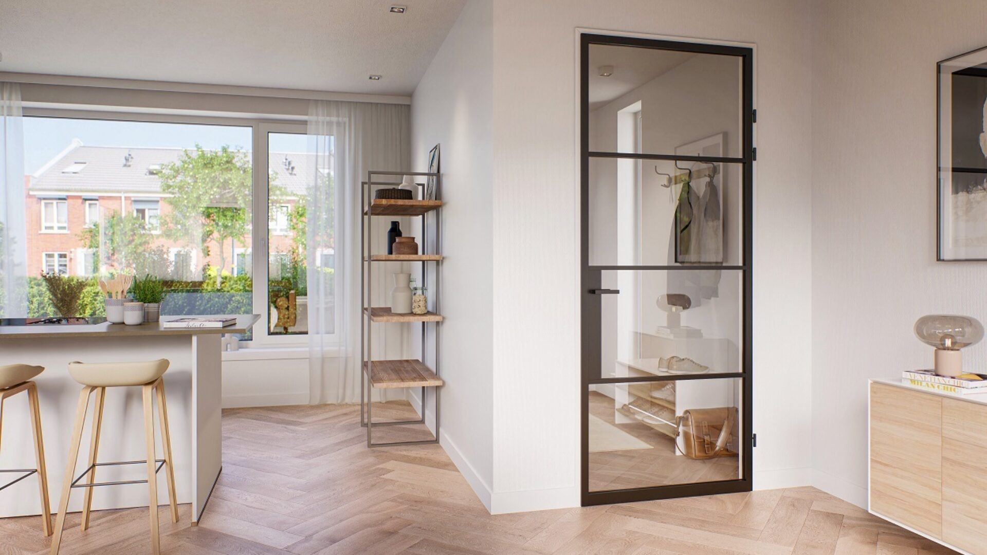 Situatie na de make-over: woonkamer met zwarte stalen deur voor extra daglicht in plaats van houten opdekdeur.