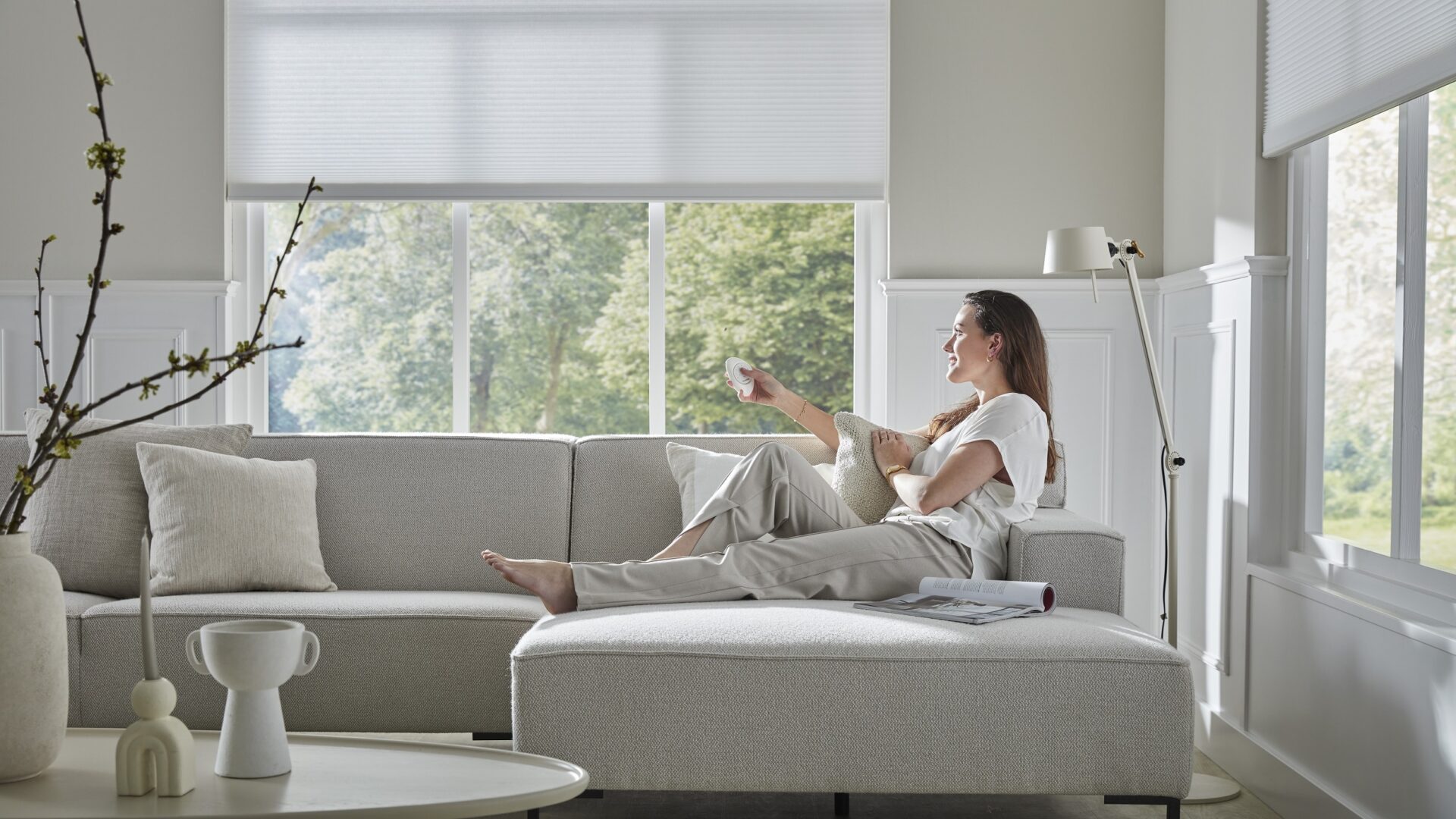 Dame met pebble in de woonkamer met elektrische rolgordijnen.
