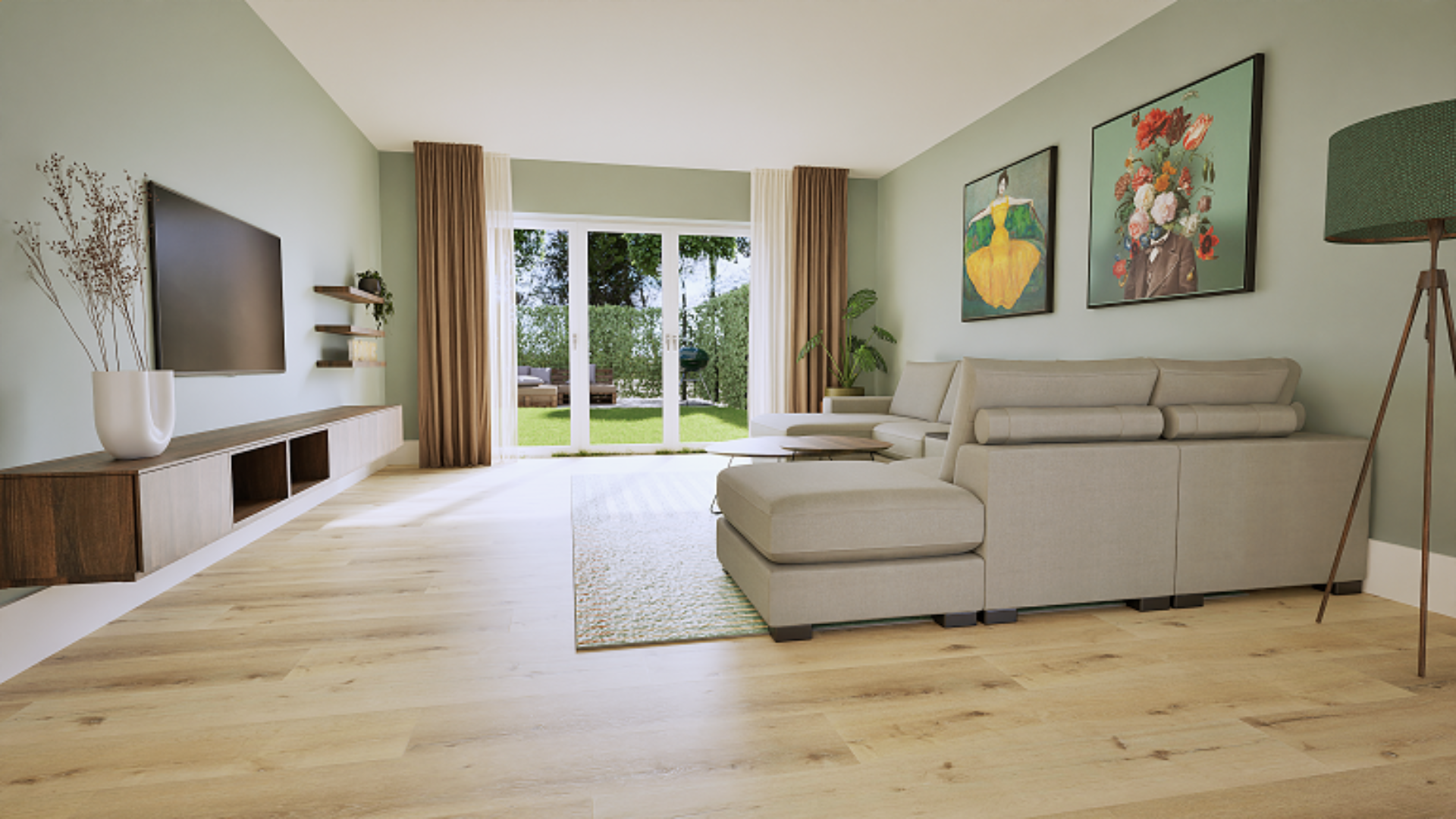 3D-ontwerp van bruine gordijnen in woonkamer