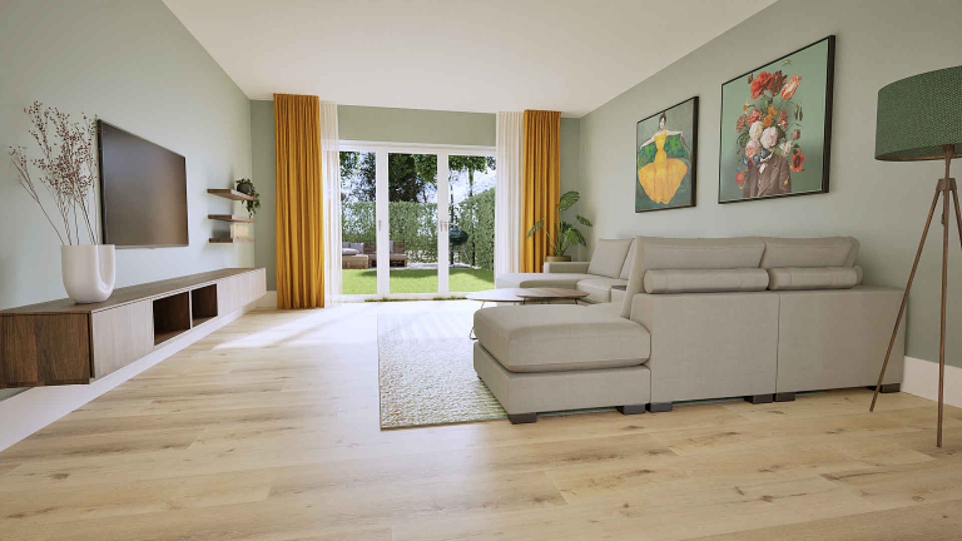 3D-ontwerp van gele gordijnen in woonkamer