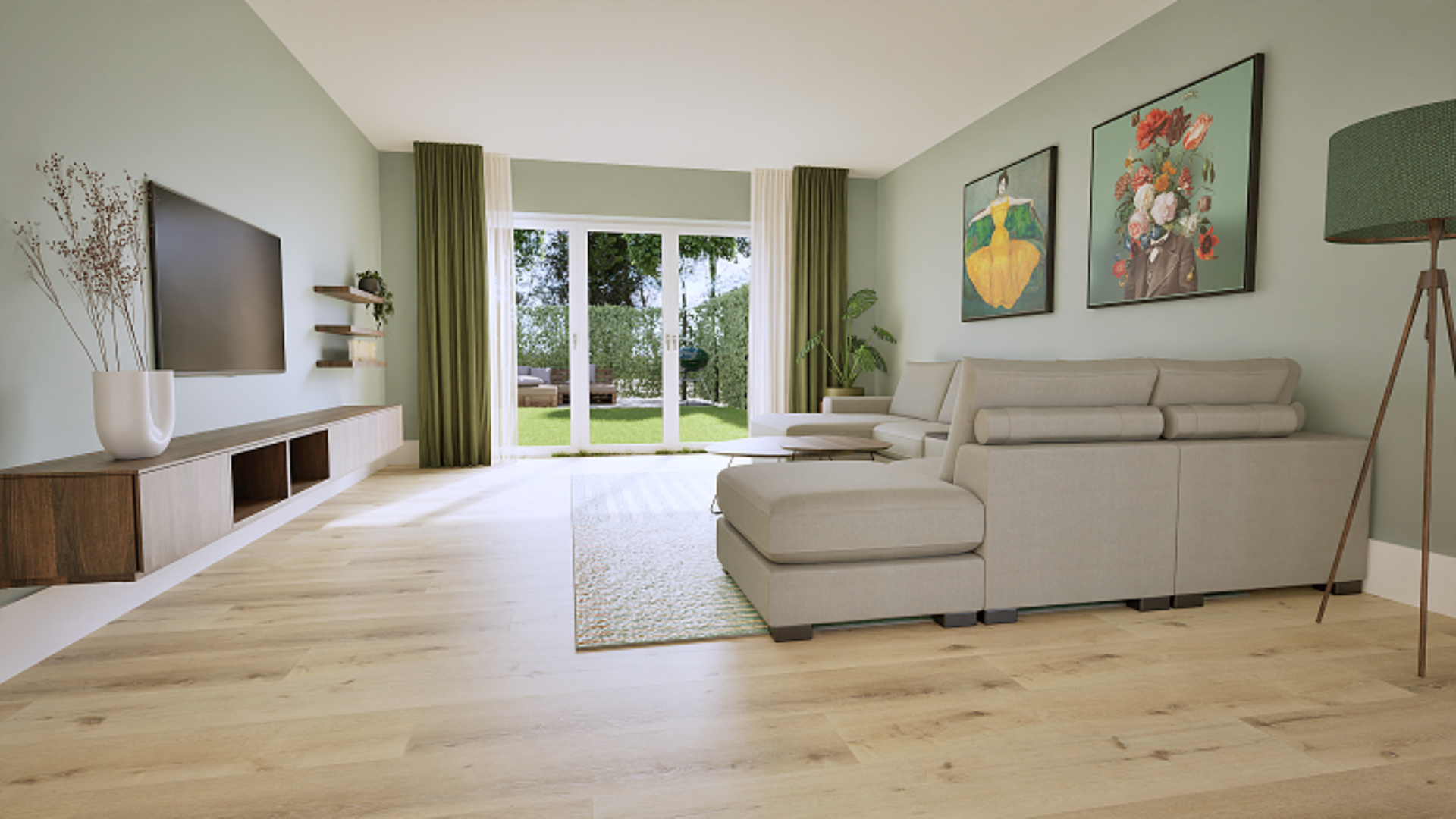 3D-ontwerp van groene gordijnen in woonkamer