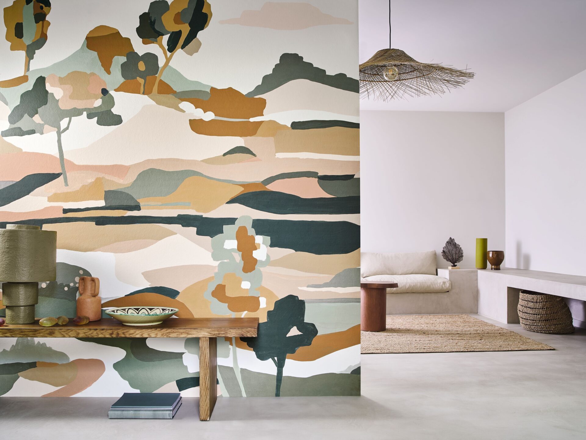 Behang met abstract Toscaans landschap in warme kleuren