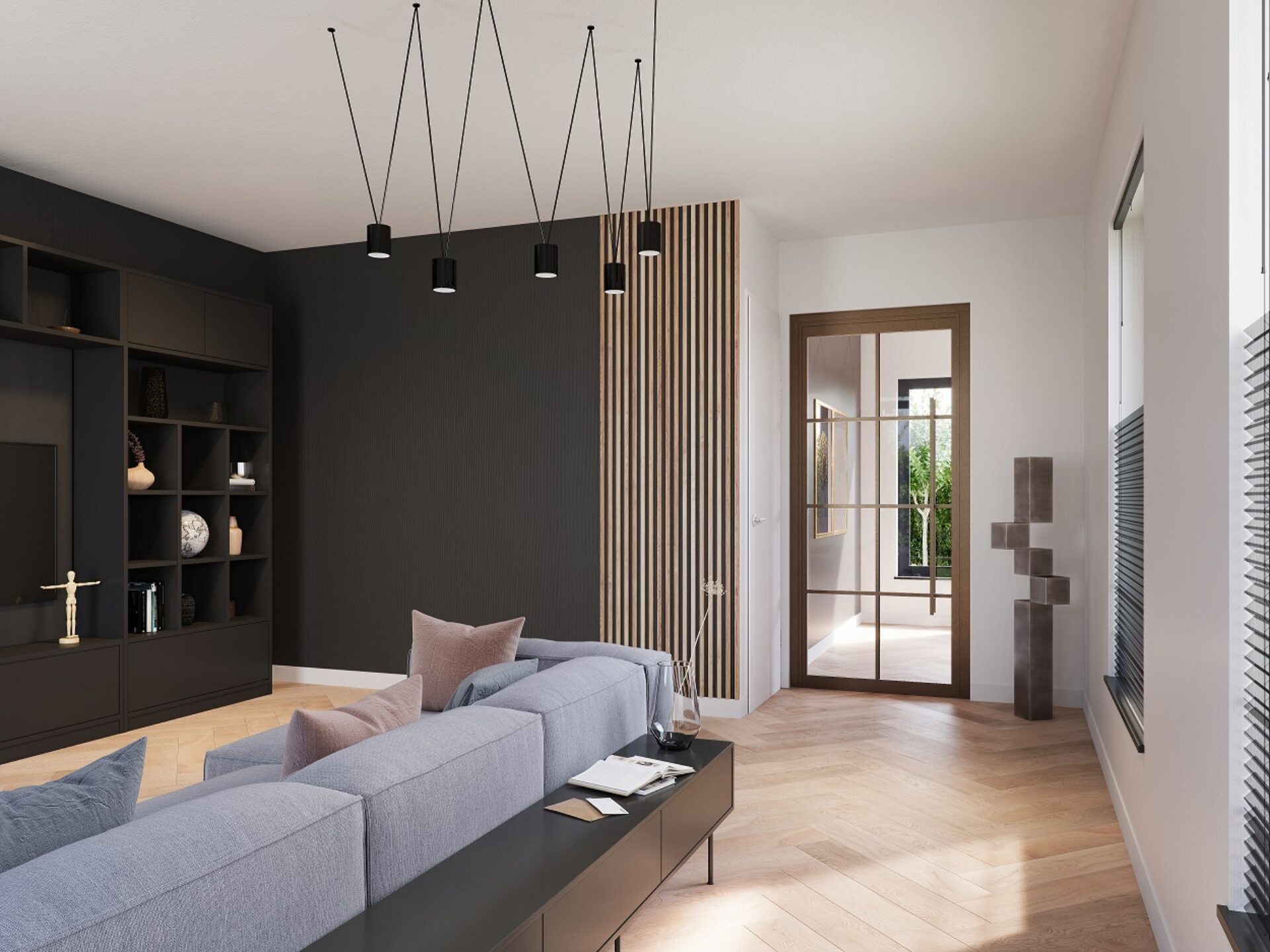 Woonkamer in luxe hotel stijl met bronzen stalen deur, wandpanelen en royale loungebank.