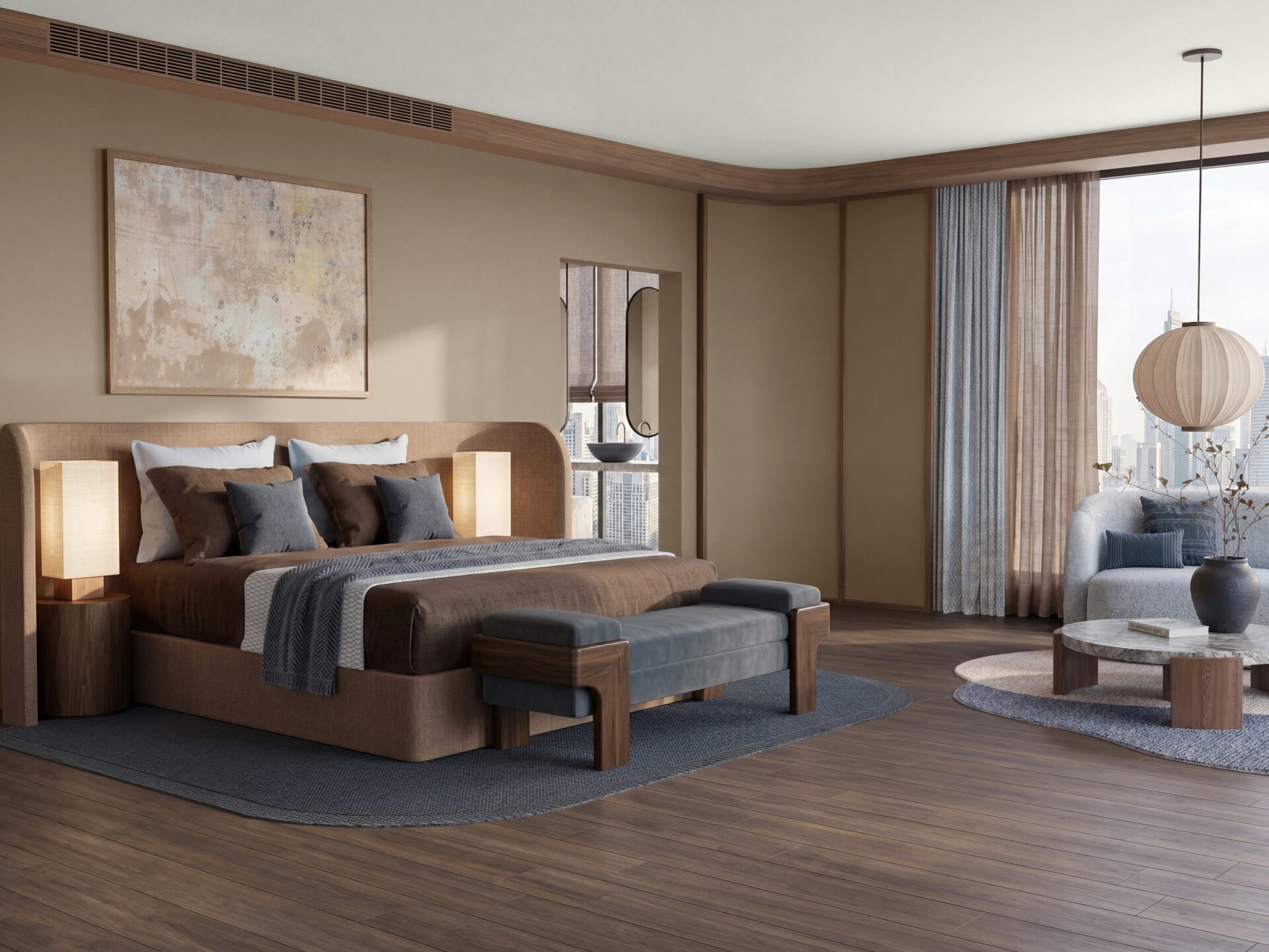 Hotelkamer met warme aardetinten en natuurlijke materialen passend bij Solid Ground