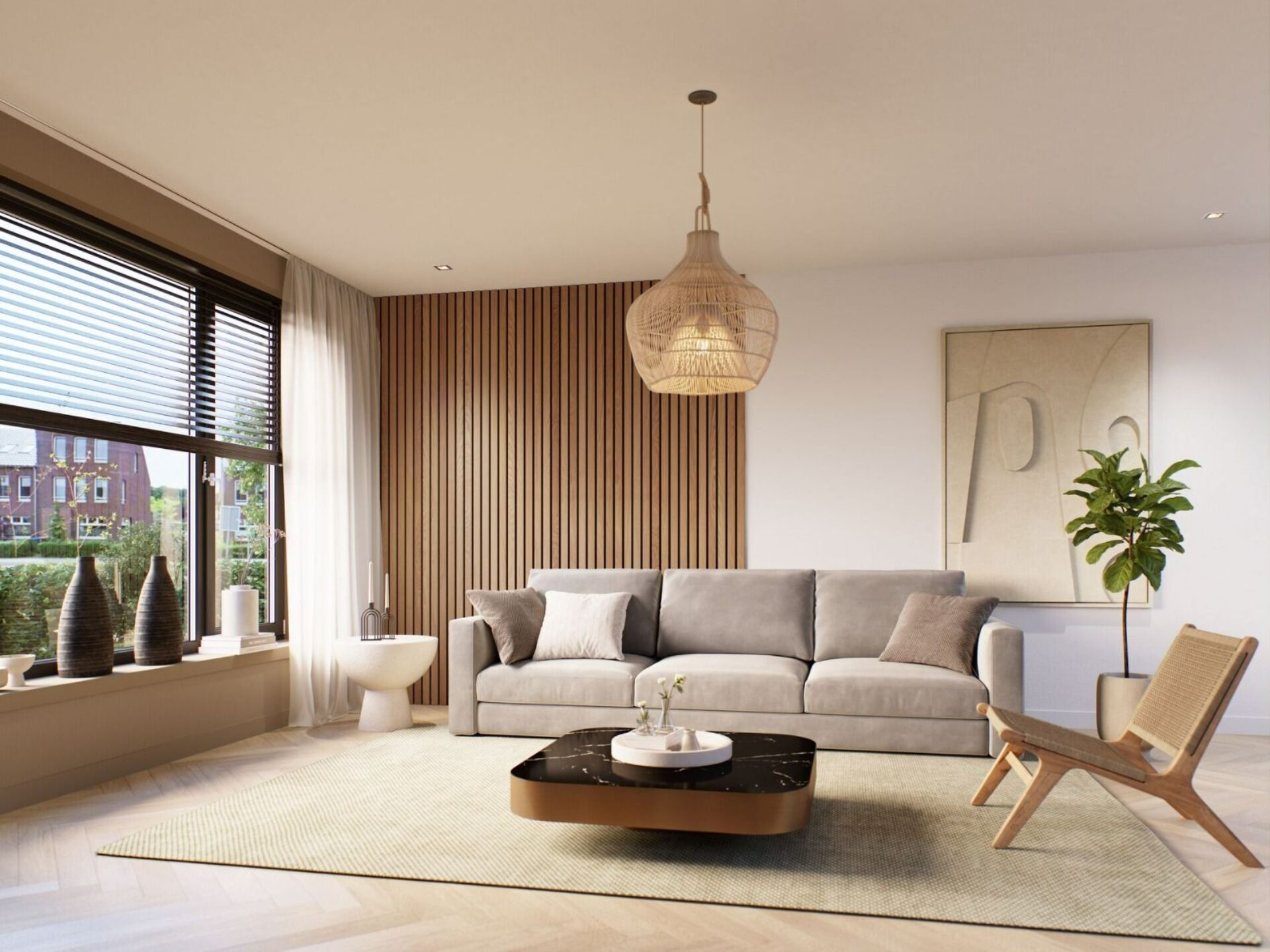 Woonkamer met groot vloerkleed, 3zits bank en houten wandpanelen op de muur voor een statement.