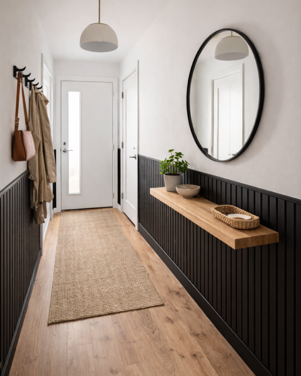 Hal met zwarte houten wandpanelen als lambrisering voor een warme sfeer.