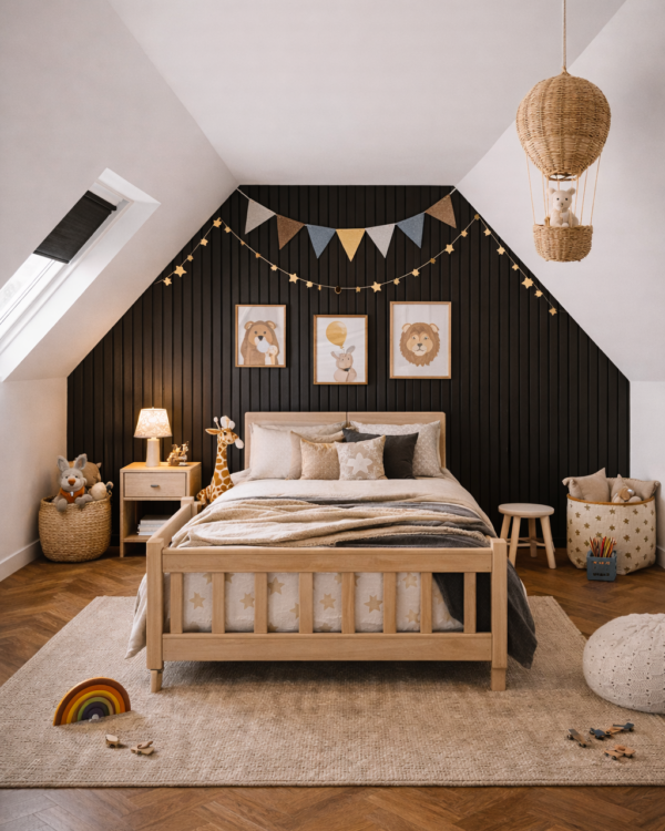 Slaapkamer met visgraatvloer, houten bed en zwarte houten wandpanelen aan het hoofdeinde van het bed.