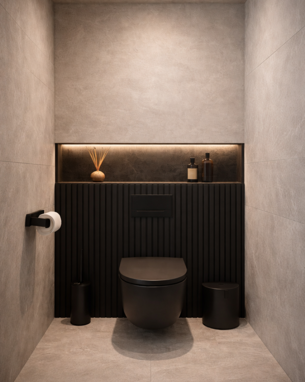 WC met zwarte houten wandpanelen op het voorzetmuurtje passend bij de natuursteen tegels.