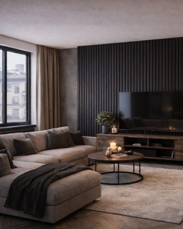 Woonkamer in natuurlijke bruin en beigetinten met zwarte houten wandpanelen op de muur achter de tv