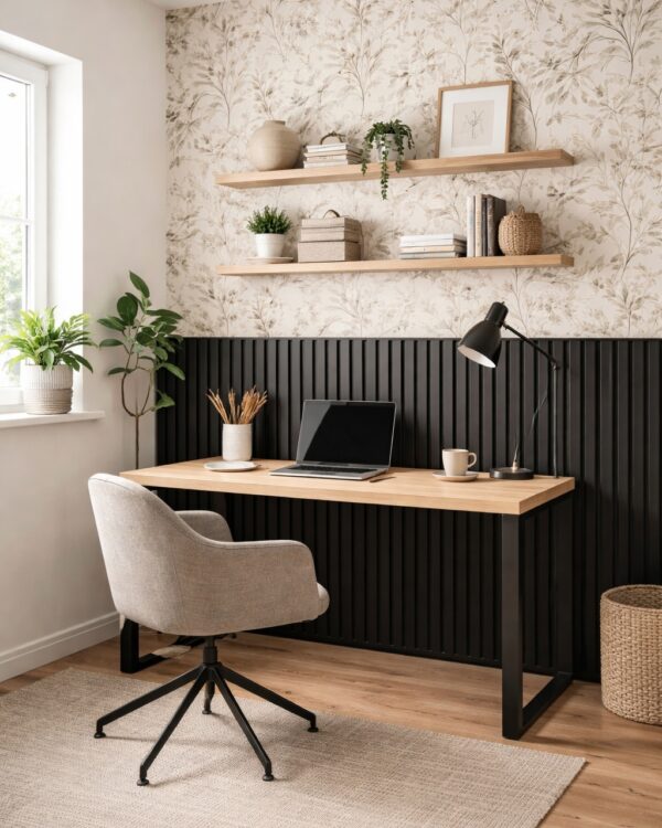 Studeerkamer met bureau, draaistoel, beige behang met print en lambrisering van zwarte houten wandpanelen