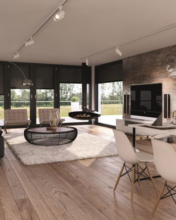 Moderne woning met elektrische, zwarte rolluiken voor eenvoudig gebruik en energiebesparing.