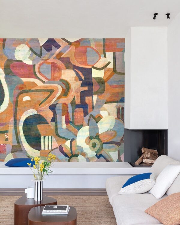 Behang met gekleurde figuren van Masureel in de woonkamer