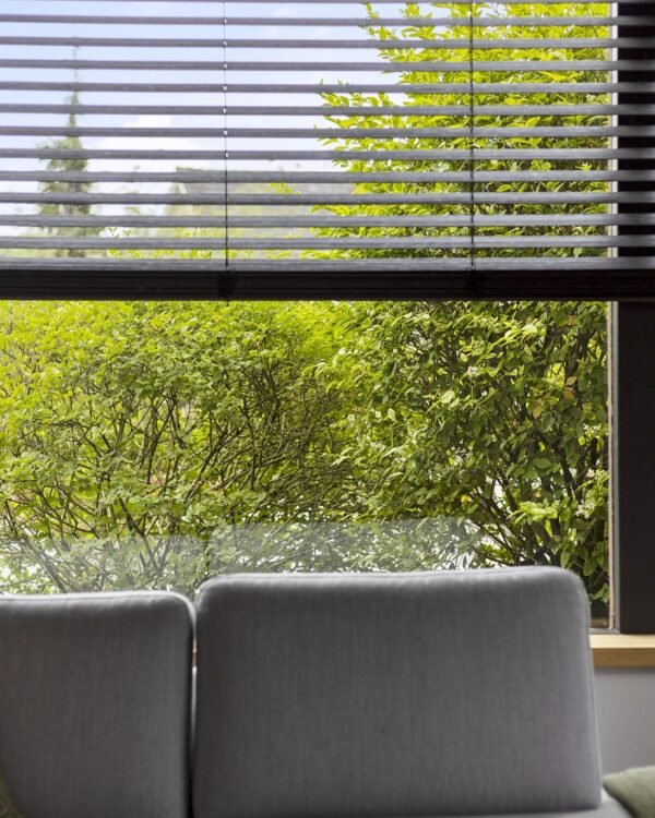 Zwarte jaloezieën in de woonkamer