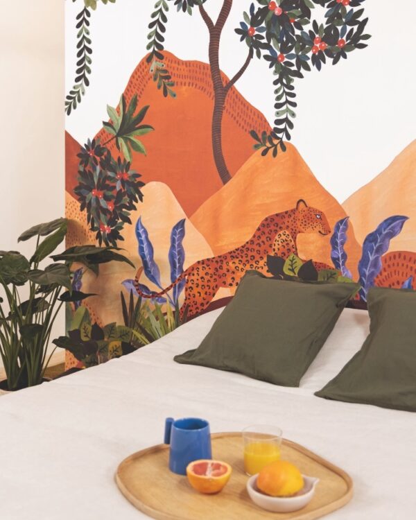 Behang van Caselio Madura bergen met oranje, roze en groen en wit slaapkamer 2