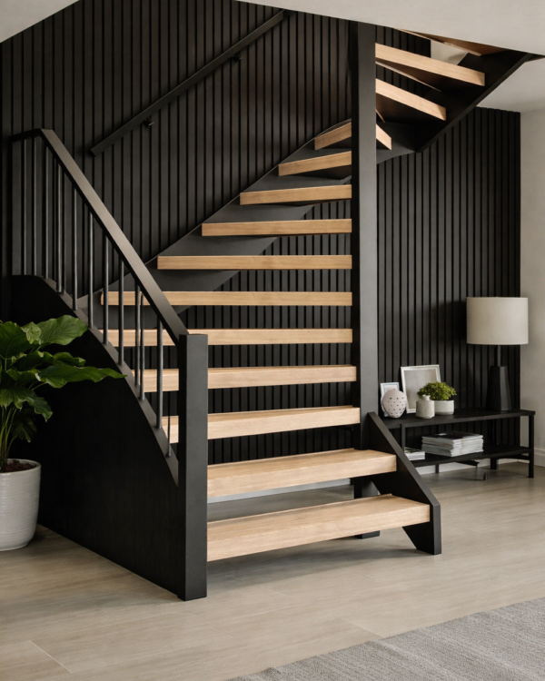 Open trap met houten tredes en zwarte houten wandpanelen aan de muur