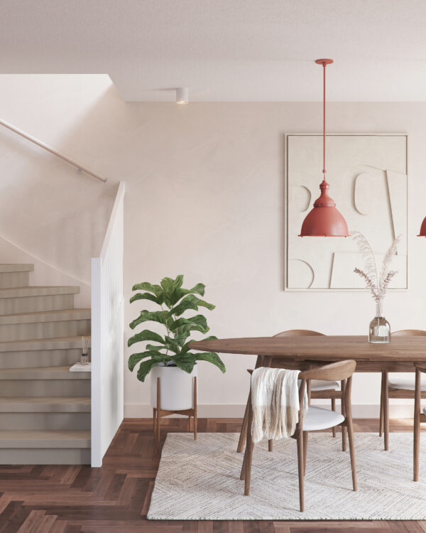 Woonruimte in natuurlijke stijl met trapbekleding in steenlook. Thuisin