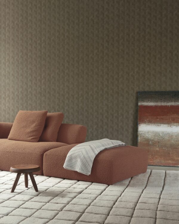 Woonkamer met Arte behang, collectie Essentials Luxor Benoe, en zacht vloerkleed
