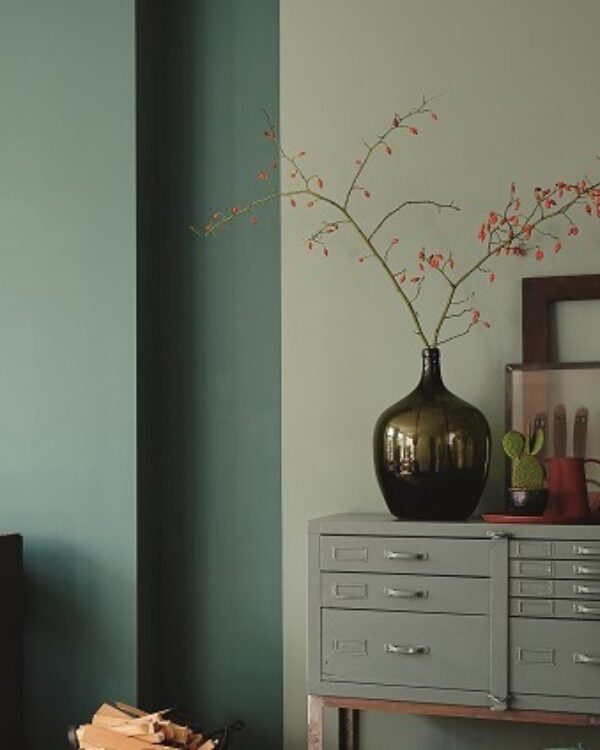 Woonkamer met metalen dressoir, kachel en 2 kleuren muurverf grijs en groen voor een prachtig kleuraccent