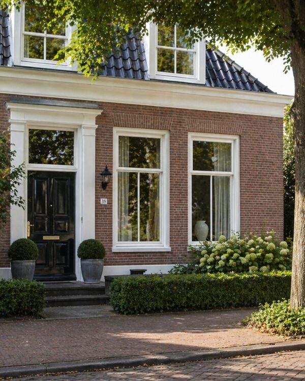 Huis met witte houten kozijnen