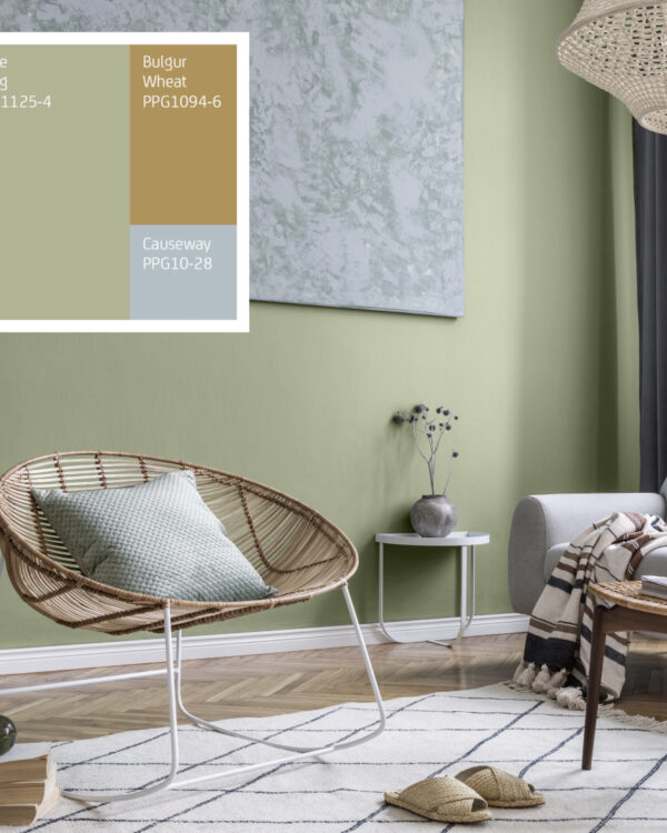 Woonkamer met lichtgroene muurverf, Scandinavische meubelen en wit vloerkleed passend bij de Scandinavische stijl.