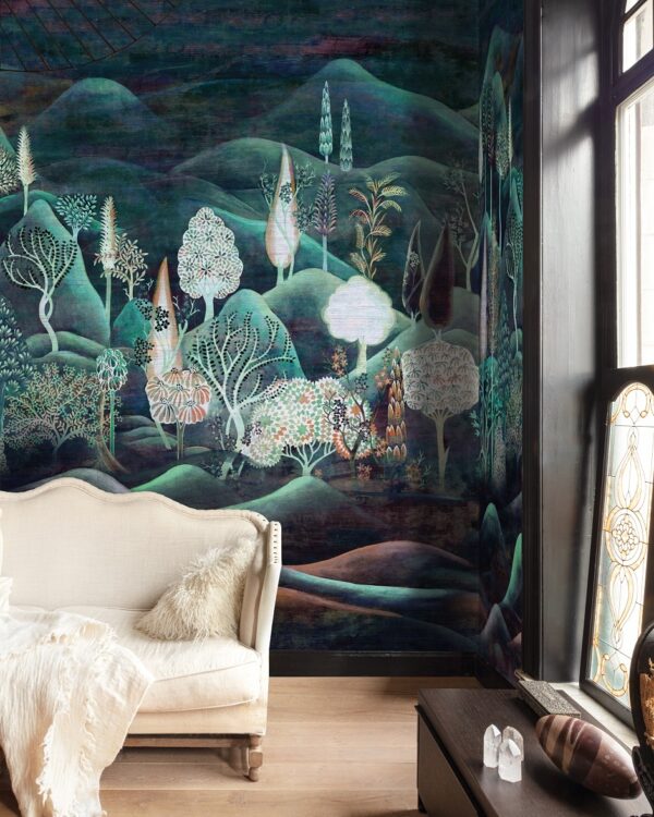 Masureel behang in de woonkamer bos groen blauw