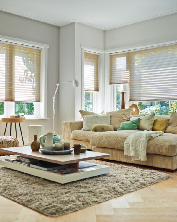 Beige plisségordijnen in de woonkamer