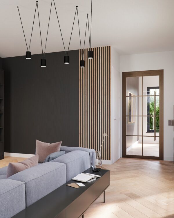 Stalen bronzen deur en wandpanelen in de woonkamer van Deli Home