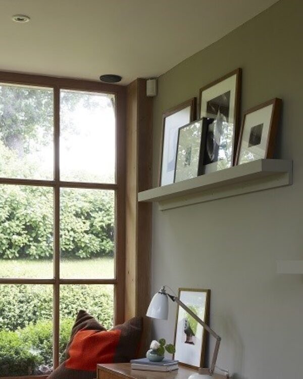 Kantoor met grote ramen, boekenplanken en muur in groene kleur