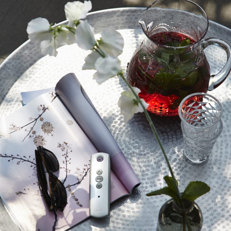 Detail afstandsbediening voor elektrische markiezen buitenzonwering.