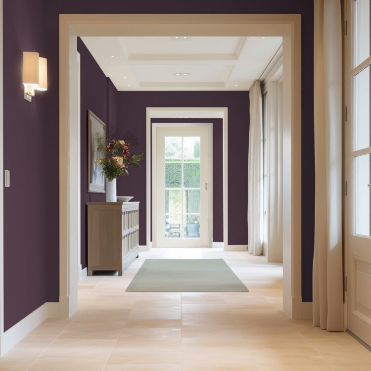 Riante hal met karakteristieke witte kozijnen en muren in de paarse Sigma kleur van het jaar 2025: Amethyst shadow, nu bij Thuisin.