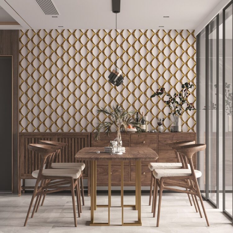 Eetkamer met design meubelen en luxe behang met patroon van A S Creation Myhomemyspa behang, Thuisin