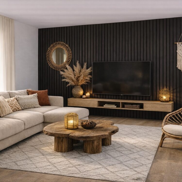 Woonkamer met beige hoekbank, kamerhoge gordijnen en zwarte houten wandpanelen aan de muur achter de tv.