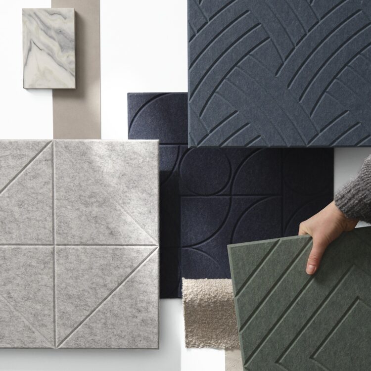 Moodboard akoestische panelen, viltpanelen in verschillende kleuren met diverse structuren.