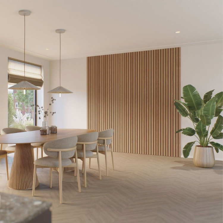 Houtenwandpanelen in japandi eetkamer