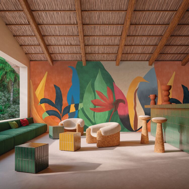 Hawaiiaans behang met kleurrijke bloemen en tropische bladeren passend bij lage lounge zitjes in je woonkamer.