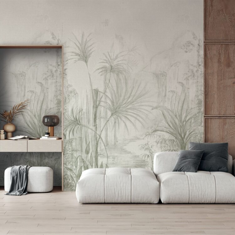 Woonkamer in natuurlijke stijl met jungle behang van Casamance. Thuisin