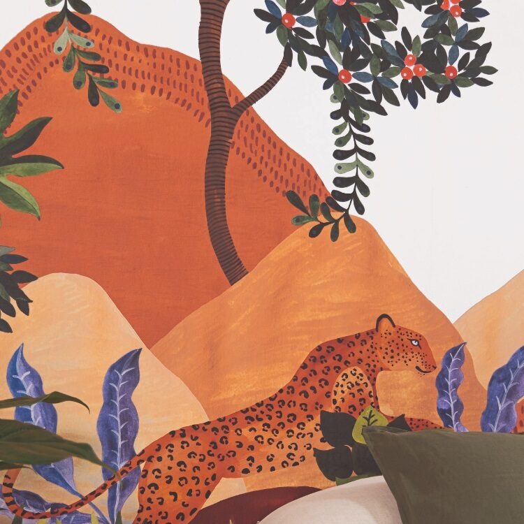 Behang van Caselio Madura bergen met oranje, roze en groen en wit slaapkamer