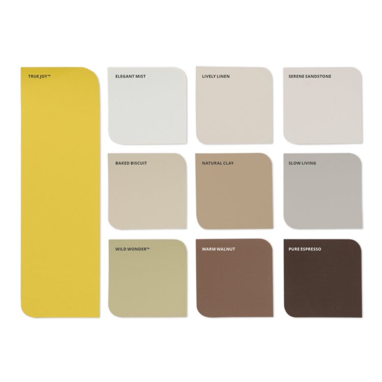 Flexa trendkleur van het jaar 2025 is True Joy, hier met bijpassend kleurenpalet.