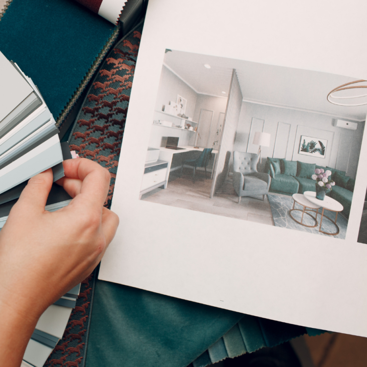 Kleurenwaaier in blauw tinten met een 3D-ontwerp van een woonkamer