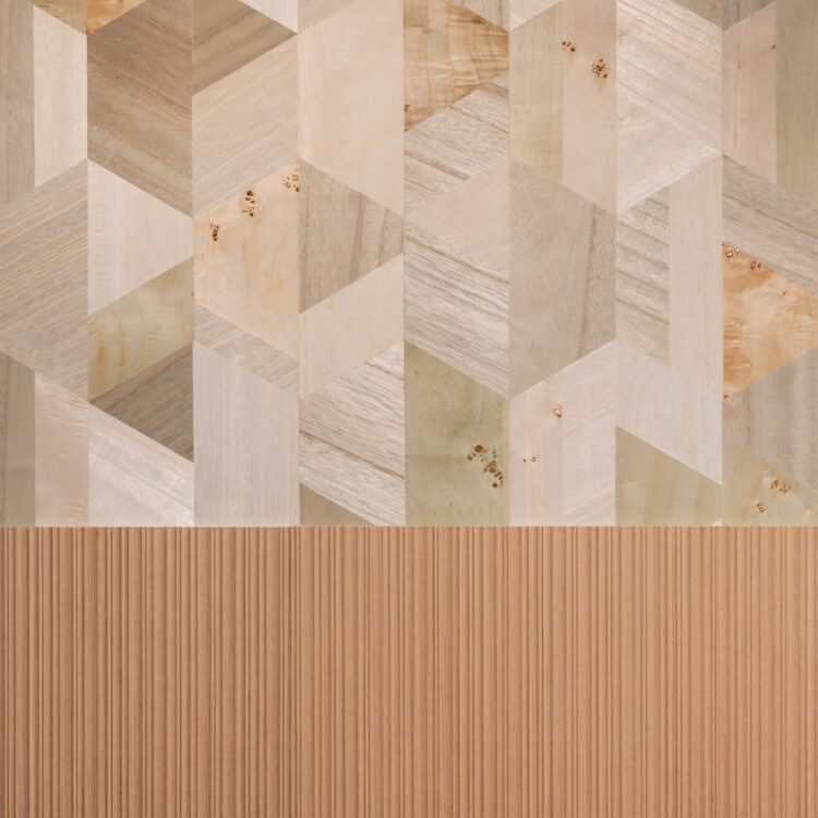 Arte behang in beige en grijze tinten met licht eiken wandpanelen van Cotap