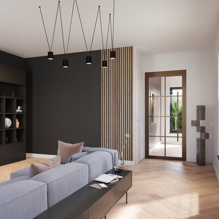 Woonkamer in luxe hotel stijl met bronzen stalen deur, wandpanelen en royale loungebank.