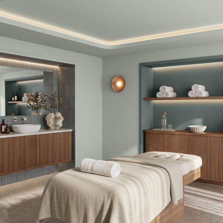 Spa-interieur met zachte kleuren en natuurlijke materialen passend bij Quiet Zone.