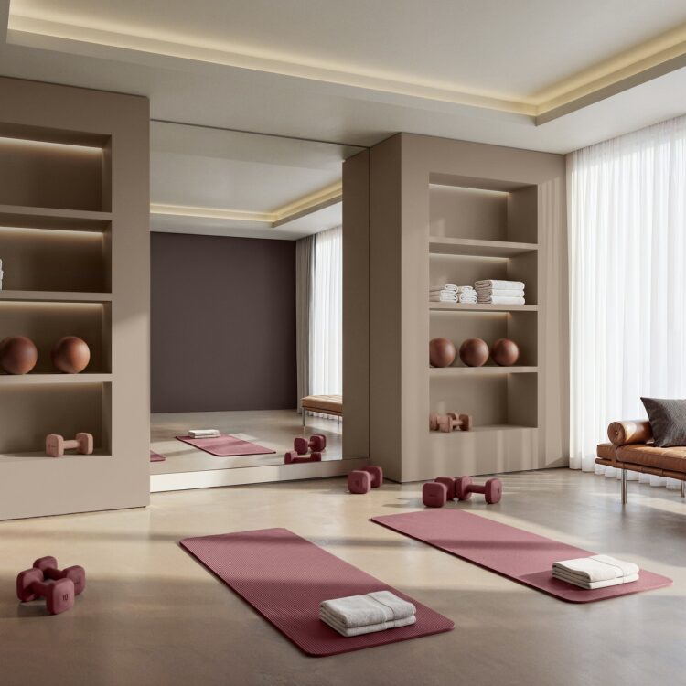 Fitnessstudio met warme kleuren en een energieke uitstraling passend bij Life Shared.